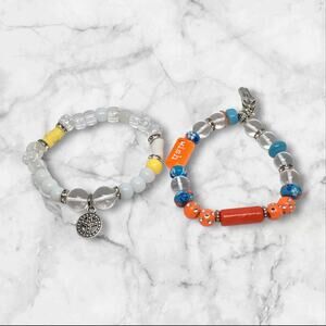 Glass Stretch Sporty Boho Beachy Bracelet Blue & Orange Set Glass Beads Unique